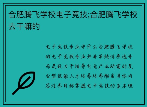 合肥腾飞学校电子竞技;合肥腾飞学校去干嘛的